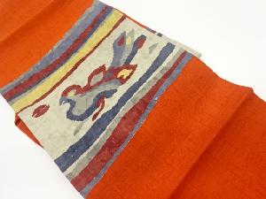 手織り紬変わり横段に抽象鳥模様名古屋帯